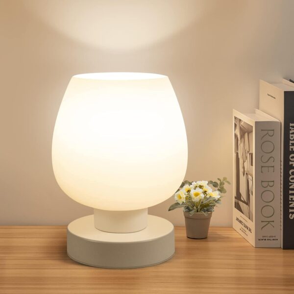 Touch Bedside Table Lamp - Modern Small Lamp for Bedroom Living Room Nightstand, Desk lamp with White Opal Glass Lamp Shade, Warm LED Bulb, 3 Way Dimmable, Simple Design Valentines Day Gifts for Her