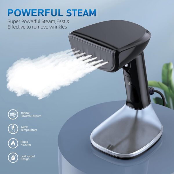 Steamer for Clothes -1800W with Wet/Dry Ironing Modes, 20-Second Heat-up, Detachable Water Tank, Heat-Resistant Gloves for Wrinkle Removal. Suitable for 120V Countries. Color: Black - Image 2