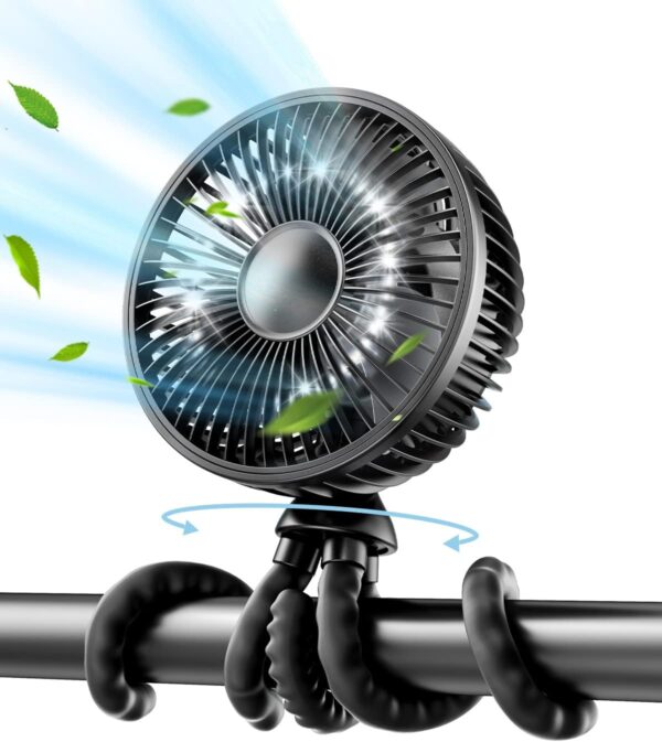 Baby Stroller Fan, 4000mAh Oscillating Mini Portable Fan with Light, 4 Speeds Battery Operated Small Handheld Desk Fan, 360° Rotate Flexible Tripod Clip On Fan for Car Seat Crib Travel Black