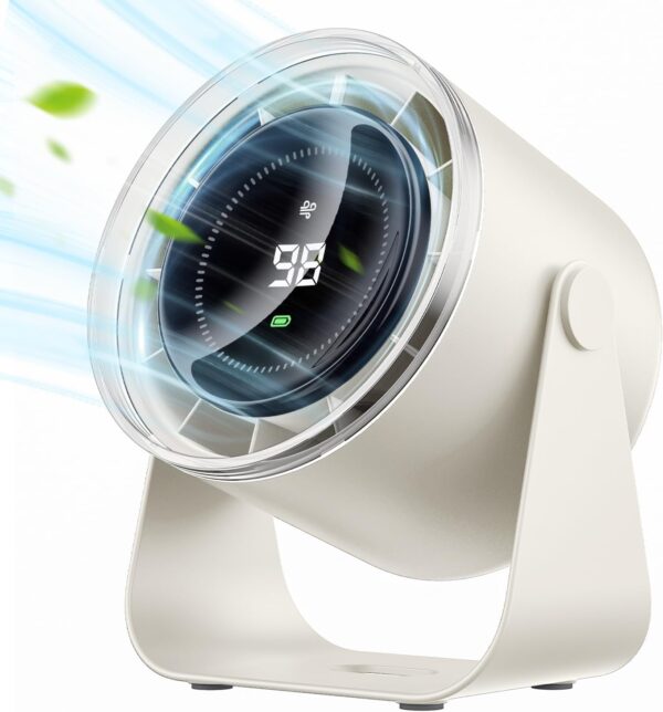 Desk Fan with Battery Operated, Quiet Digital Display Portable Fan for Office, Bedroom, Kitchen, Home, Outdoor, 100 Speeds 115° Tilt Small Travel Camping Table Fan, White