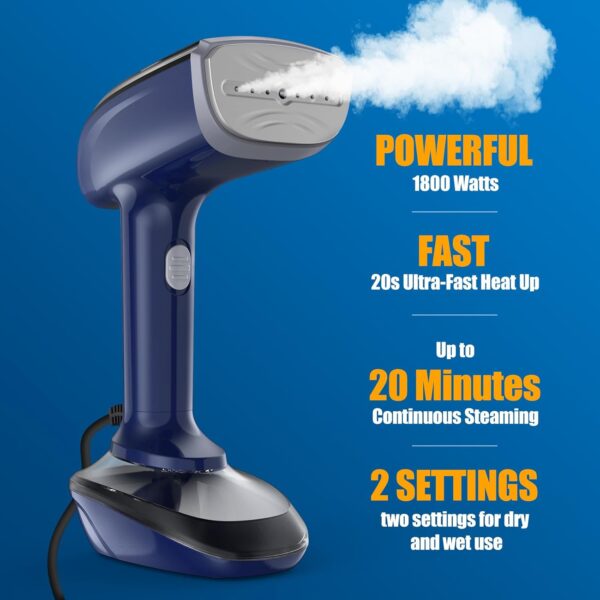 Powerful Handheld Fabric Steamer - 1800W with Fast Ceramic Heat-Up Plate, 2-in-1 Ironing & Wrinkle Remover, Steam Nozzle, Lint Brush - Blue, for US 120V Only - Image 2