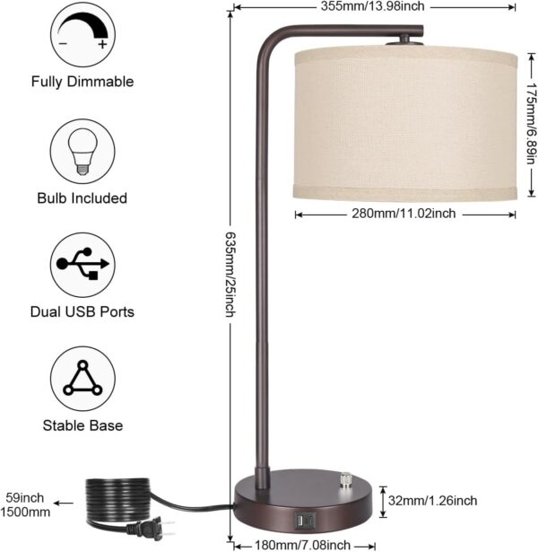 Table Lamp with USB C+A Ports, Fully Stepless Dimmable Modern Bedside Nightstand Lamp, Tall Reading Desk Lamp for Bedroom, Living Room, Study Room, Office, 9W 3000K LED Bulb Included - Image 2