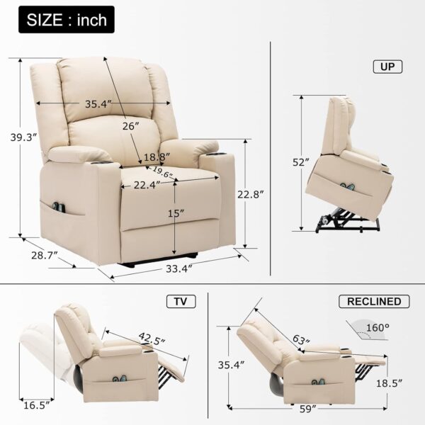Power Lift Recliner for Elderly,Lift Chair with Heat and Massage,PU Recliner Sofa with Timing Function 2 Side Pockets,Cup Holders and Infinite Position for Living Room (White) - Image 2