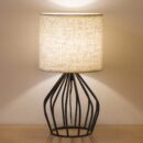 Black Modern Table Lamp - Minimalist Small Bedside Lamp with Hollowed Out Base Linen Fabric Shade, Vintage Nightstand Lamp for Bedroom Living Room Side Table Desk Kids Room