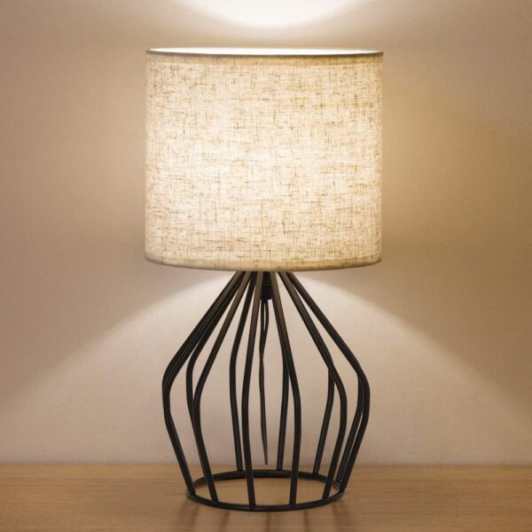 Black Modern Table Lamp - Minimalist Small Bedside Lamp with Hollowed Out Base Linen Fabric Shade, Vintage Nightstand Lamp for Bedroom Living Room Side Table Desk Kids Room