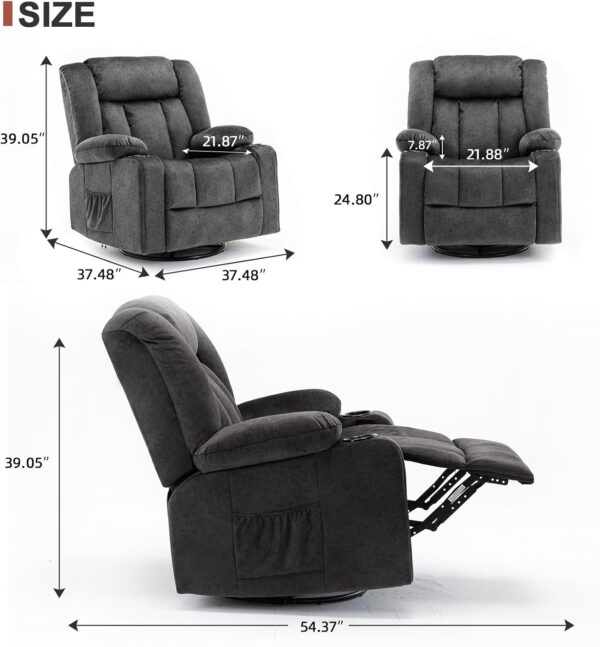 Recliner Chair,360° Swivel Rocker Glider Recliners with Cup Holders, Upholstered Fabric Rocking Chair for Adults,Manual Reclining Single Sofa for Living Room,Gray - Image 2