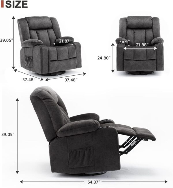 Recliner Chair Massage Rocker with Heated 360 Degree Swivel  Recliner Single Sofa Seat with Cup Holders for Living Room (Gray) - Image 2