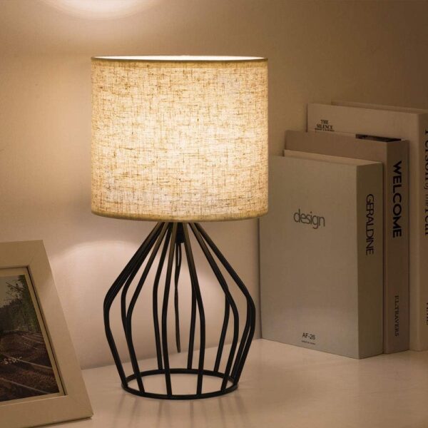 Black Modern Table Lamp - Minimalist Small Bedside Lamp with Hollowed Out Base Linen Fabric Shade, Vintage Nightstand Lamp for Bedroom Living Room Side Table Desk Kids Room - Image 2