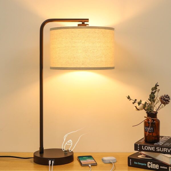 Table Lamp with USB C+A Ports, Fully Stepless Dimmable Modern Bedside Nightstand Lamp, Tall Reading Desk Lamp for Bedroom, Living Room, Study Room, Office, 9W 3000K LED Bulb Included