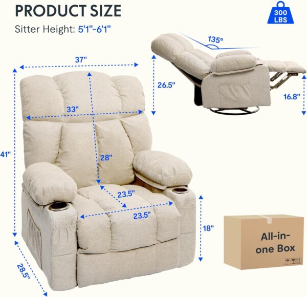 360° Swivel Rocker Recliner, Oversized Massage Rocker Recliner Chair with Heating, Cup Holders, USB Charging Port, Swivel Glider Sofa for Living Room Nursery, Beige (XRC3) - Image 2