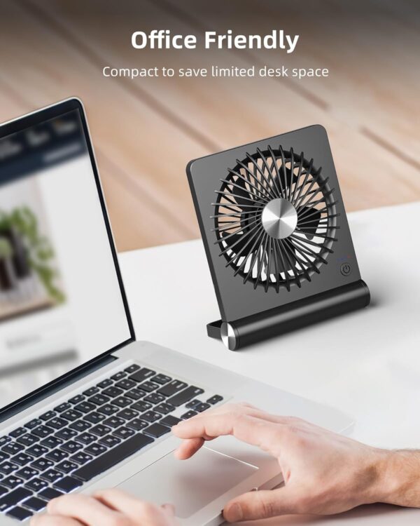 Portable Desk Fan, 3.5-20hrs Battery Operated Small USB Fan with Ultra Quiet 220° Tilt Folding, Rechargeable Personal Fan with 3 Speeds Strong Wind for Home Office Desktop, Black - Image 2