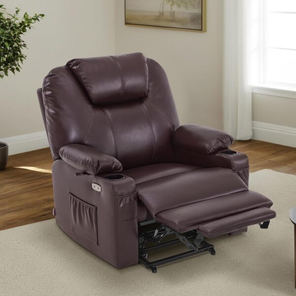 Medium-Wide Power Lift Recliner Chair Sofa with Massage and Heat for Elderly People, Cup Holders, USB&Type C Ports, Side Pockets, Faux Leather R7045 (Dark Brown, Medium-Wide) - Image 2