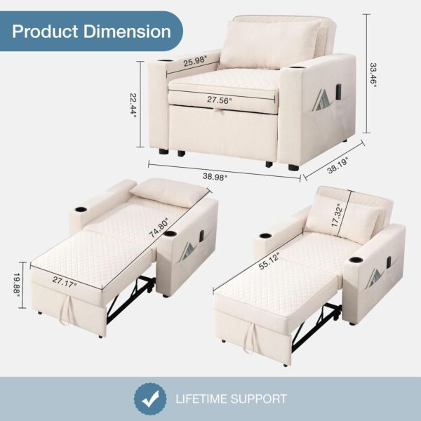 Convertible Sleeper Chair Bed with Massage and Heat Pillow, 3 in 1 Sleeper Multi-Functional Chair Sofa Bed for Drawing Room,Bedroom for Adult(Beige) - Image 2