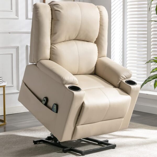 Power Lift Recliner for Elderly,Lift Chair with Heat and Massage,PU Recliner Sofa with Timing Function 2 Side Pockets,Cup Holders and Infinite Position for Living Room (White)