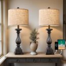 27" Farmhouse Table Lamp Set of 2 with USB A+C for Bedroom Living Room Vintage Rustic Traditional Nightstand Bedside Lamps Retro Side Table Lamps (Black)