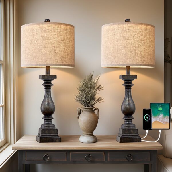 27" Farmhouse Table Lamp Set of 2 with USB A+C for Bedroom Living Room Vintage Rustic Traditional Nightstand Bedside Lamps Retro Side Table Lamps (Black)