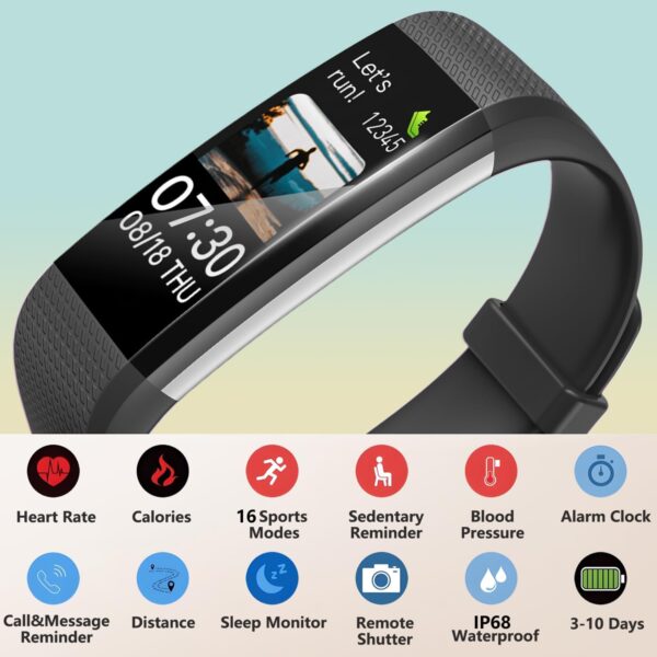 Fitness Tracker with Heart Rate Monitor, Activity Tracker Pedometer with Calorie Counter, Sleep Monitor, Smart Watch with  Waterproof Sports Bracelet for Women Men - Image 2