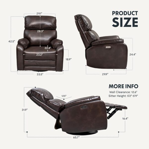 Genuine Leather Swivel Rocker Recliner Chair with Massage and Heat, Power Rocker Recliner with Manual Headrest, USB Charging, Elegant Sofa for Living Room & Nursery, Brown (XR4L) - Image 2