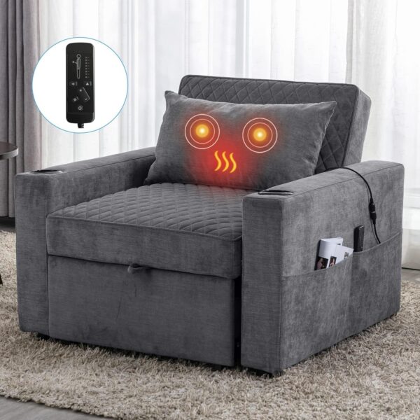 Convertible Sleeper Chair Bed with Massage and Heat Pillow, 3 in 1 Sleeper Multi-Functional Chair Sofa Bed for Drawing Room,Bedroom for Adult(Darkgrey)