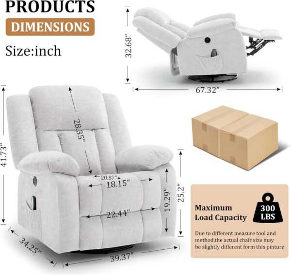 Rocker Recliner Chair, Glider Recliner Chairs for Adults, 360° Swivel Recliner with Massage and Heating, Rocking Recliner Chair with Side Pockets and USB for Living Room, Nursery, Bedroom - Image 2