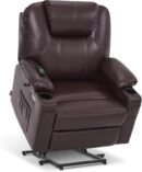 Medium-Wide Power Lift Recliner Chair Sofa with Massage and Heat for Elderly People, Cup Holders, USB&Type C Ports, Side Pockets, Faux Leather R7045 (Dark Brown, Medium-Wide)
