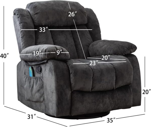 Massage Swivel Rocker Recliner Chair with Heat and Vibration, 360 Degree Swivel Manual Recliners Antiskid Fabric Single Sofa Heavy Duty Reclining Chair for Living Room, Gray - Image 2