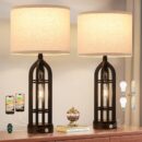 Table Lamps for Living Room Set of 2 - Bedside Lamp for Bedroom with USB C+A & Outlet, Farmhouse Lamps for Night Stands, 3-Way Dimmable Touch Lamps for Living Room