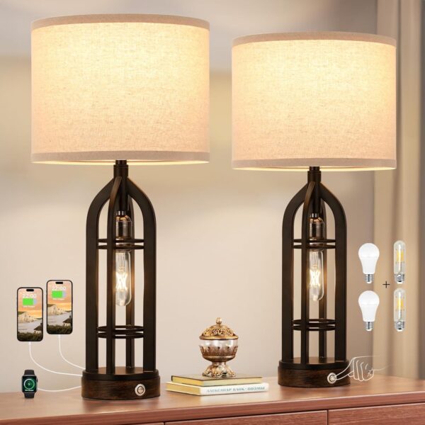 Table Lamps for Living Room Set of 2 - Bedside Lamp for Bedroom with USB C+A & Outlet, Farmhouse Lamps for Night Stands, 3-Way Dimmable Touch Lamps for Living Room