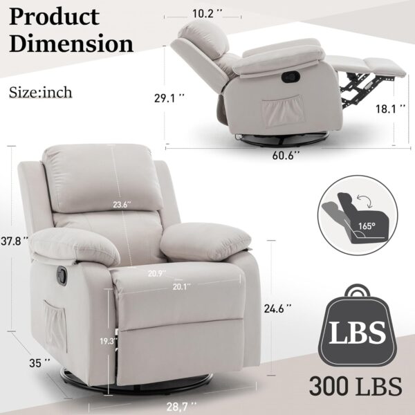Recliner Chair, 360 Swivel Rocker Chair for Adults, Small Rocking Recliner Chair for Small Spaces, Upholstered Fabric Glider Recliner Nursery with Side Pockets for Living Room, White - Image 2