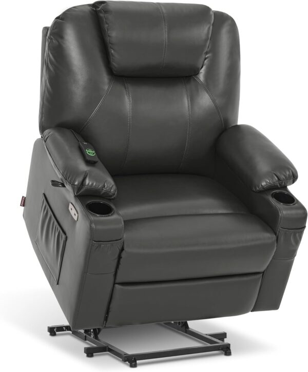 Medium-Wide Power Lift Recliner Chair Sofa with Massage and Heat for Elderly People, Cup Holders, USB&Type C Ports, Side Pockets, Faux Leather R7045 (Grey, Medium-Wide)