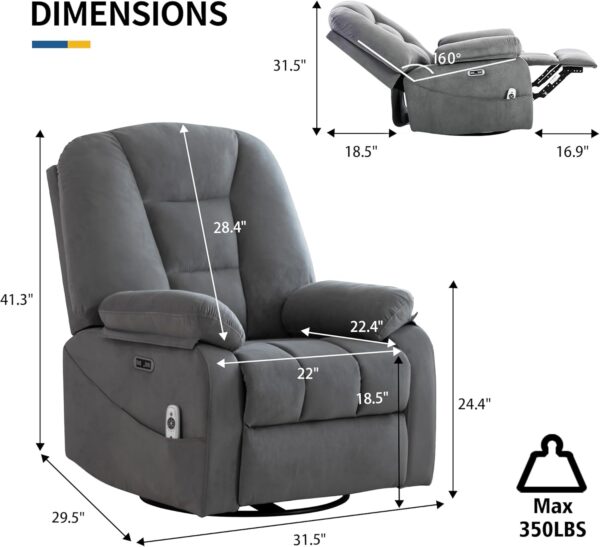 Power Swivel Rocker Recliner Chair for Adults,Rocking Reclining Chair for Living Room with Massage and Heat, Electric Fabric Recliner Sofa Chair with USB and Type-C Port (Gray) - Image 2