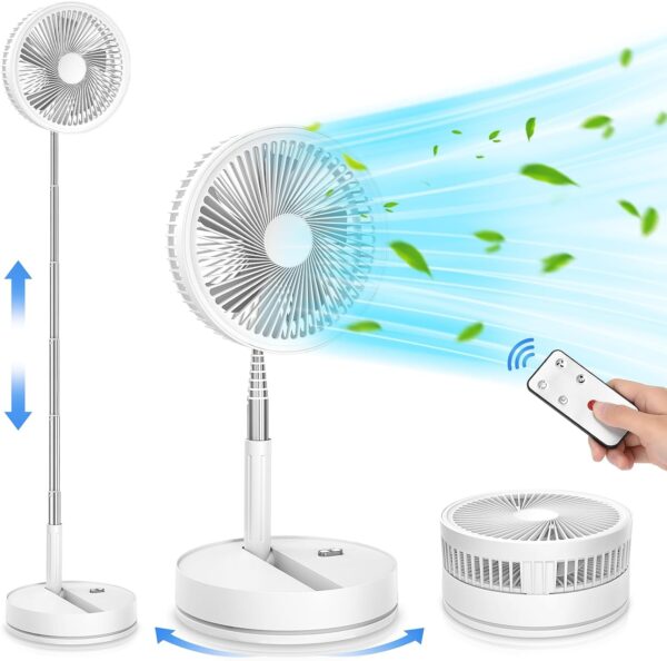 Portable Foldable Rechargeable Oscillating Fan - 9" 7200mah Battery Operated USB C Small Fan Remote, Quiet Table Desk Fan Folding Standing Pedestal Fans for Bedroom Rome Office Camping Travel