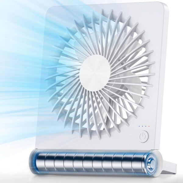 Portable Desk Fan, 3.5-20hrs Battery Operated Small USB Fan with Ultra Quiet 220° Tilt Folding, Rechargeable Personal Fan with 3 Speeds Strong Wind for Home Office Desktop, White