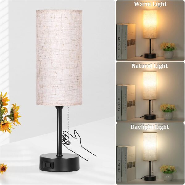 15" Table Lamp for Bedroom, 3-Color Bedside Lamps with Pull Chain, Bedroom Table Lamps for Nightstand,AC Outlet Small Lamp for Living Room, Bulb Included - Image 2