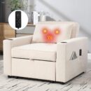 Convertible Sleeper Chair Bed with Massage and Heat Pillow, 3 in 1 Sleeper Multi-Functional Chair Sofa Bed for Drawing Room,Bedroom for Adult(Beige)