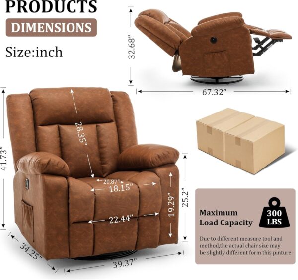 Rocker Recliner Chair, Glider Recliner Chairs for Adults, 360° Swivel Recliner with Massage and Heating, Rocking Recliner Chair with Side Pockets and USB for Living Room, Nursery, Bedroom - Image 2