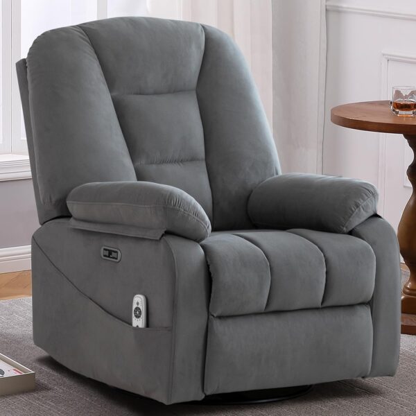 Power Swivel Rocker Recliner Chair for Adults,Rocking Reclining Chair for Living Room with Massage and Heat, Electric Fabric Recliner Sofa Chair with USB and Type-C Port (Gray)