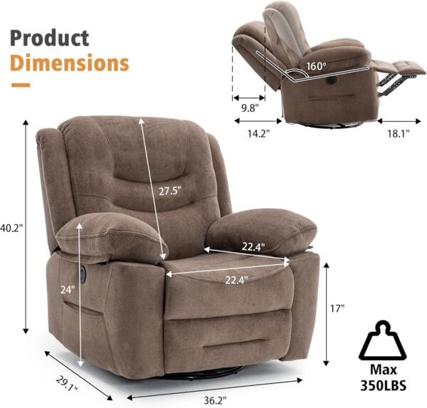 Power Swivel Rocker Recliner with Massage and Heat, USB Port, Infinite Position, Overstuffed Electric Glider Rocking Chairs Living Room, Soft Fabric Reclining Sofa Chair(Mocha) - Image 2