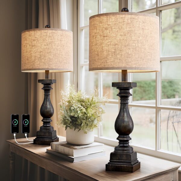 27" Farmhouse Table Lamp Set of 2 with USB A+C for Bedroom Living Room Vintage Rustic Traditional Nightstand Bedside Lamps Retro Side Table Lamps (Black) - Image 2