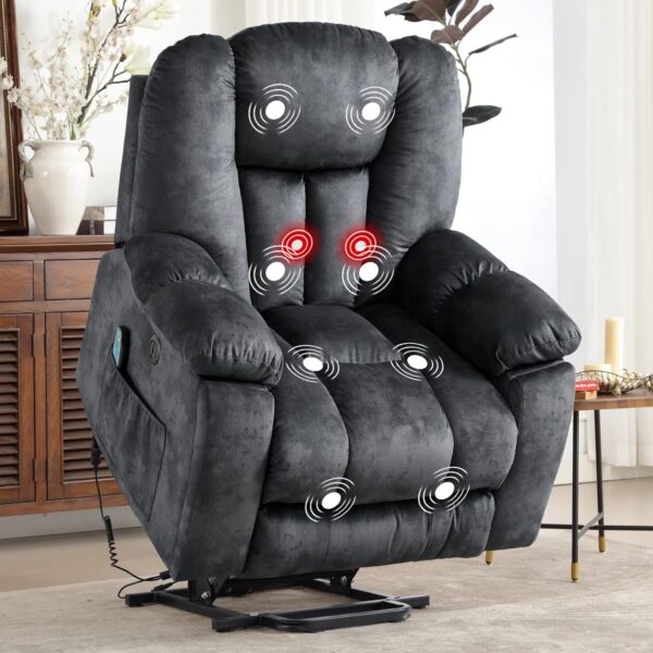 Large Power Lift Recliner Chair with Massage, Heat, and USB for Elderly, Overstuffed Wide Recliners, Heavy Duty and Safety Motion Reclining Mechanism, Gray