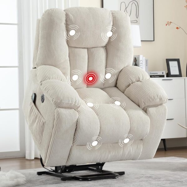 Power Lift Recliner Chair with Massage and Heat for Elderly, Overstuffed Wide Recliners, Heavy Duty and Safety Motion Reclining Mechanism with USB Ports, 2 Concealed Cup Holders, Beige