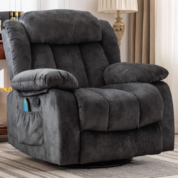 Massage Swivel Rocker Recliner Chair with Heat and Vibration, 360 Degree Swivel Manual Recliners Antiskid Fabric Single Sofa Heavy Duty Reclining Chair for Living Room, Gray