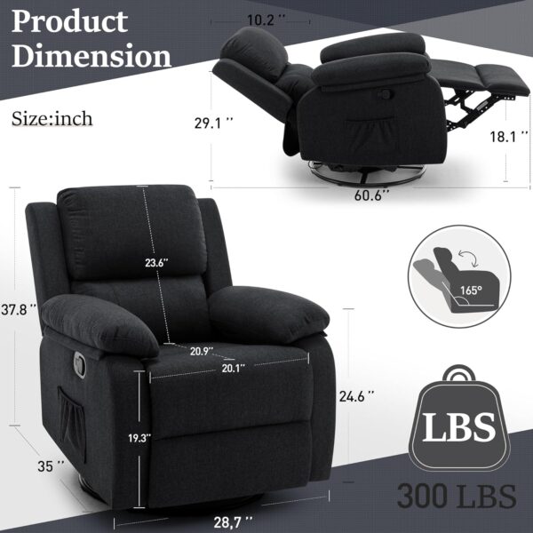 Recliner Chair, 360 Swivel Rocker Chair for Adults, Small Rocking Recliner Chair for Small Spaces, Upholstered Fabric Glider Recliner Nursery Chair with Side Pockets for Living Room, Nursery - Image 2