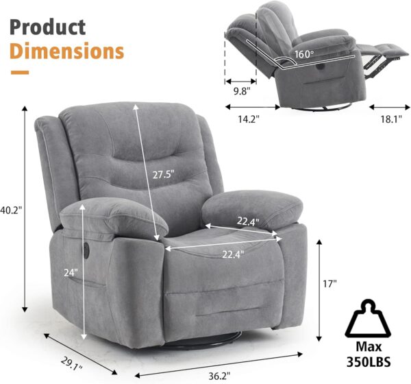 Power Swivel Rocker Recliner with Massage and Heat, USB Port, Infinite Position, Overstuffed Electric Glider Rocking Chairs Living Room, Soft Fabric Reclining Sofa Chair(Misty Gray) - Image 2