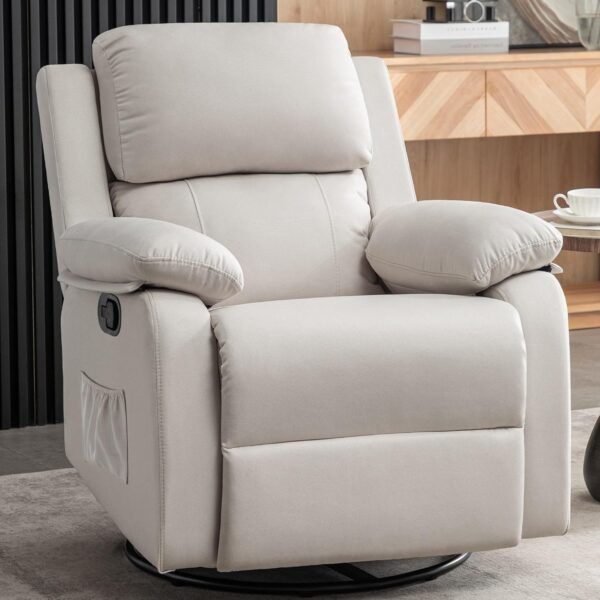 Recliner Chair, 360 Swivel Rocker Chair for Adults, Small Rocking Recliner Chair for Small Spaces, Upholstered Fabric Glider Recliner Nursery with Side Pockets for Living Room, White