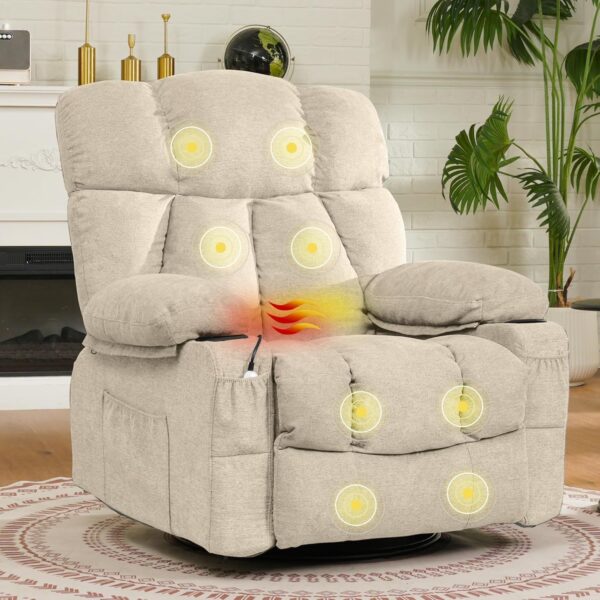 360° Swivel Rocker Recliner, Oversized Massage Rocker Recliner Chair with Heating, Cup Holders, USB Charging Port, Swivel Glider Sofa for Living Room Nursery, Beige (XRC3)