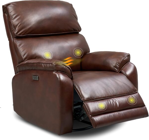 Genuine Leather Swivel Rocker Recliner Chair with Massage and Heat, Power Rocker Recliner with Manual Headrest, USB Charging, Elegant Sofa for Living Room & Nursery, Brown (XR4L)