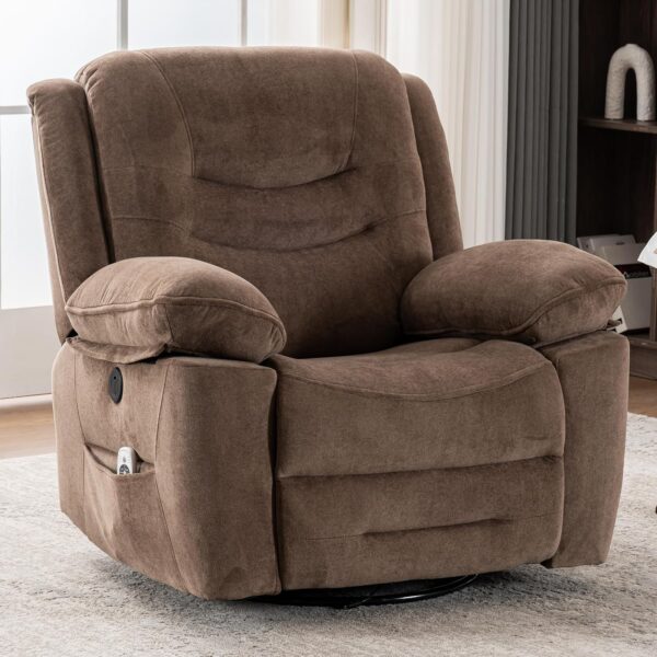 Power Swivel Rocker Recliner with Massage and Heat, USB Port, Infinite Position, Overstuffed Electric Glider Rocking Chairs Living Room, Soft Fabric Reclining Sofa Chair(Mocha)